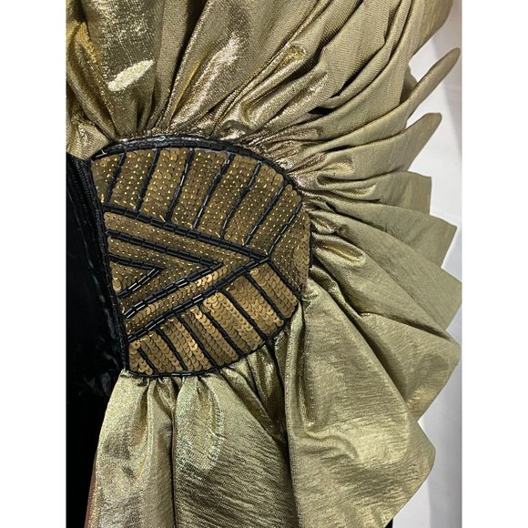 Vintage 80s Designer Gold Lame Fan One Sholder Avant Garde Cocktail Dress Size 3 - Picture 3 of 7